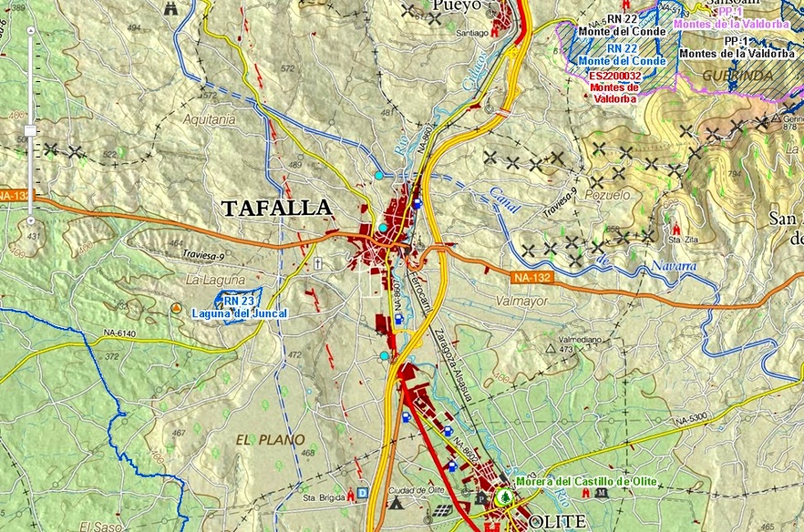Imagen de IDENA de la zona de Tafalla, repleta de infraestructuras