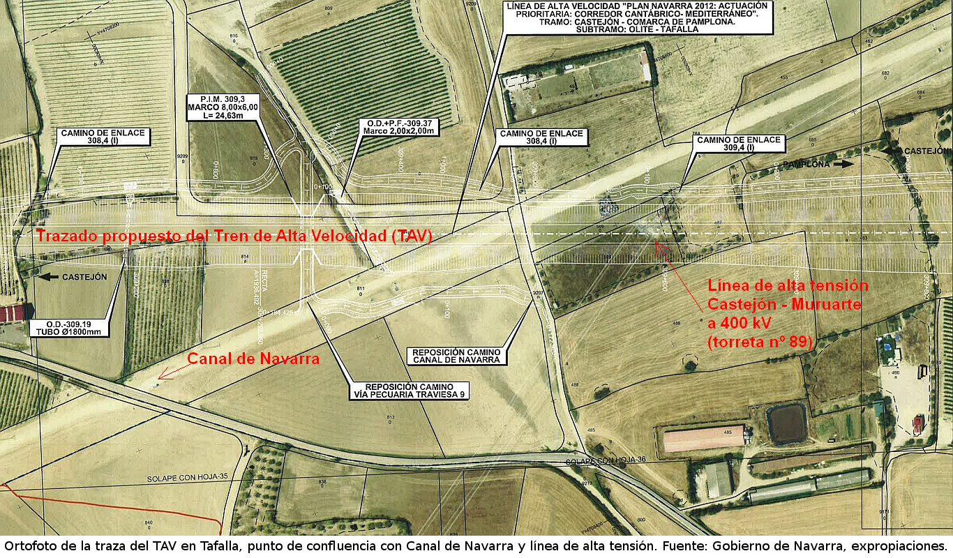 L'image du rapport de l'expropriation sur Train à Grande Vitesse (TGV) à Tafalla, Navarre. Confluent de 3 infrastructures: TGV, Canal de Navarre et Ligne de haute tension Castejón - Muruarte.